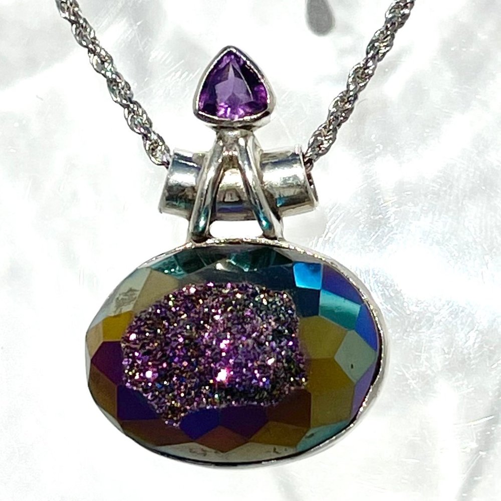 Titanium Aura Druzy & Faceted Amethyst 925 Silver